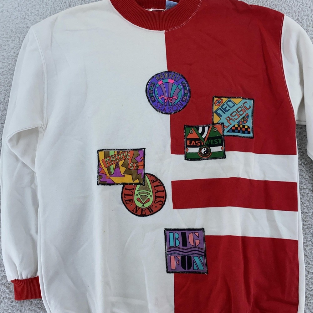 Vintage 80s Color Block Big Fun Sweatshirt S/M Red White‎ Patch Graphic Korea